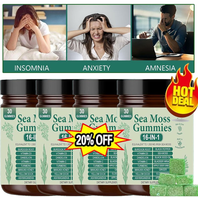 16 in 1 Organic Sea Moss Gummy | Irishmoss Extract 6000Mg | Green Flavor Apple