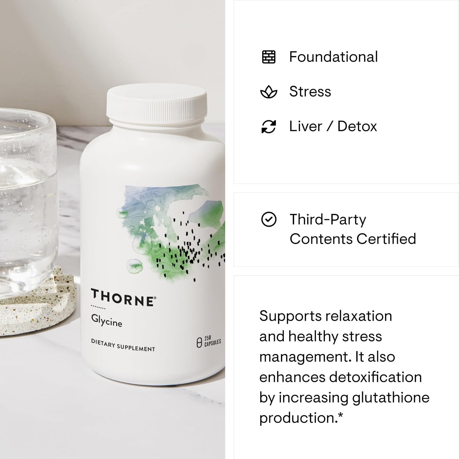 Third-Party Certified Glycine – 250 Capsules for Stress Relief & Detoxification