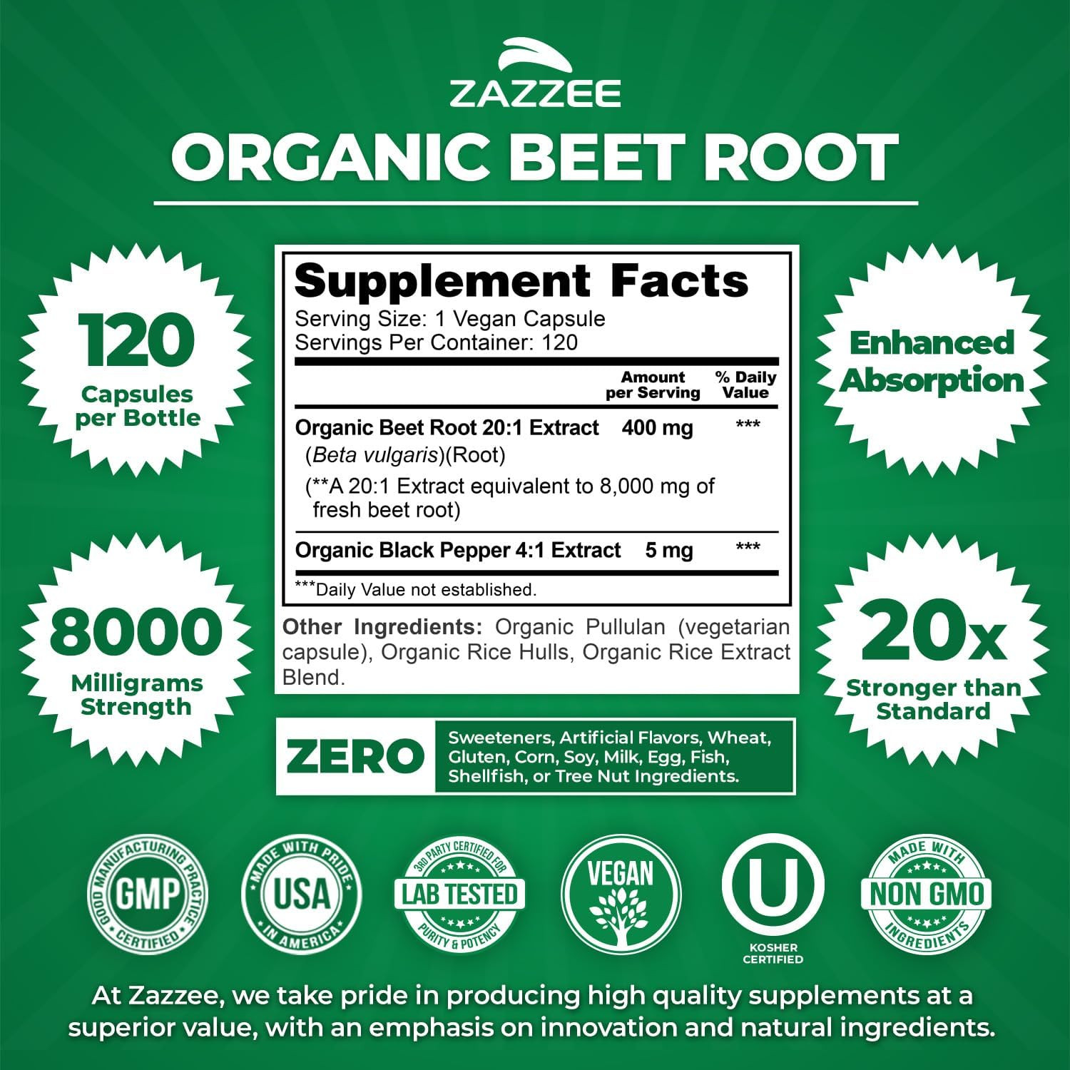 Zazzee USDA Organic Beet Root 8000 Mg Strength 20:1 Extract, 120 Vegan Quick Rel