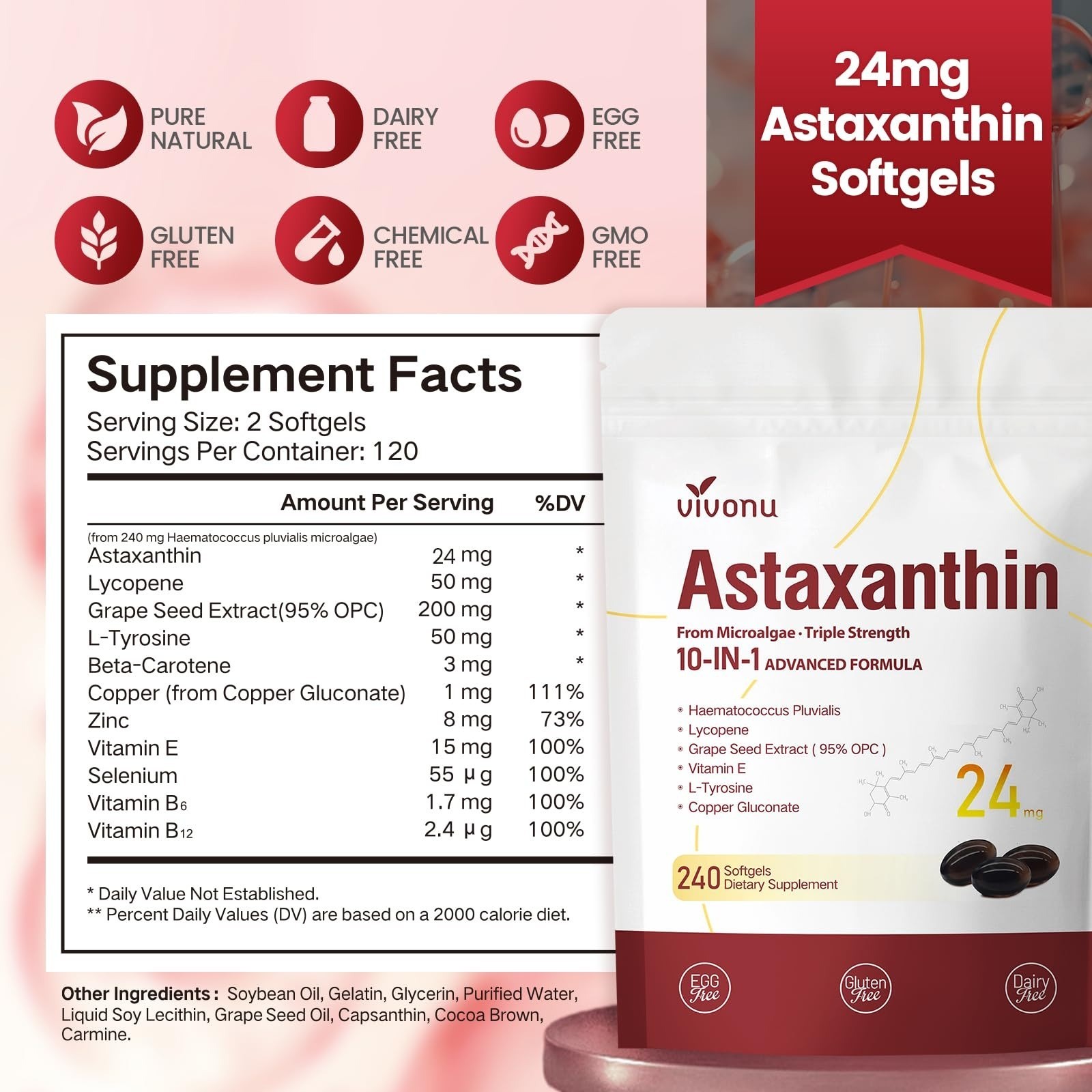 VivoNu Astaxanthin Supplements 24mg Softgels – 240 Count