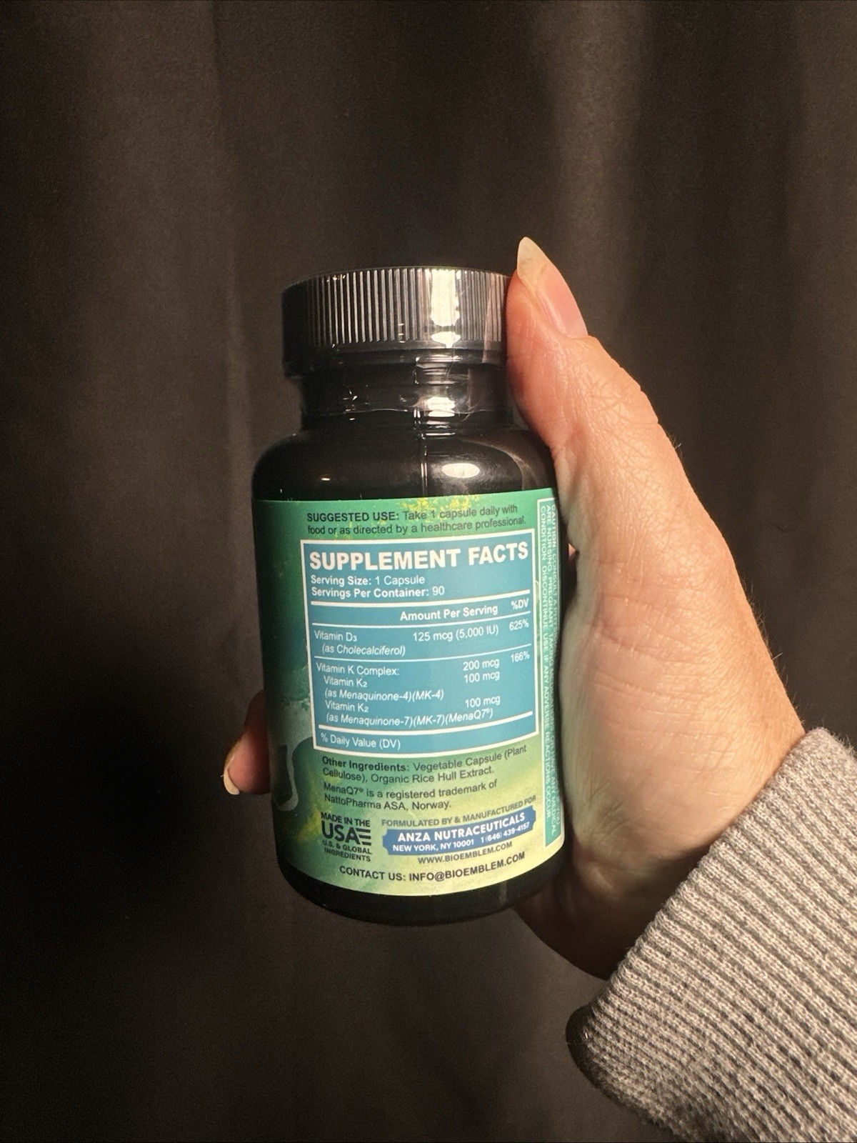 Vitamin D3 K2 Supplement 5000 IU 100mcg MK7 MK4 90 Vegetarian Capsules