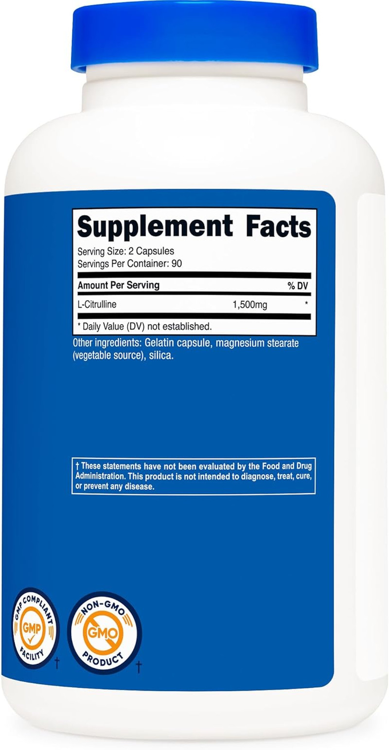 L-Citrulline 1500Mg, 180 Capsules – 750Mg per Capsule, Gluten Free, Non-Gmo, Pac