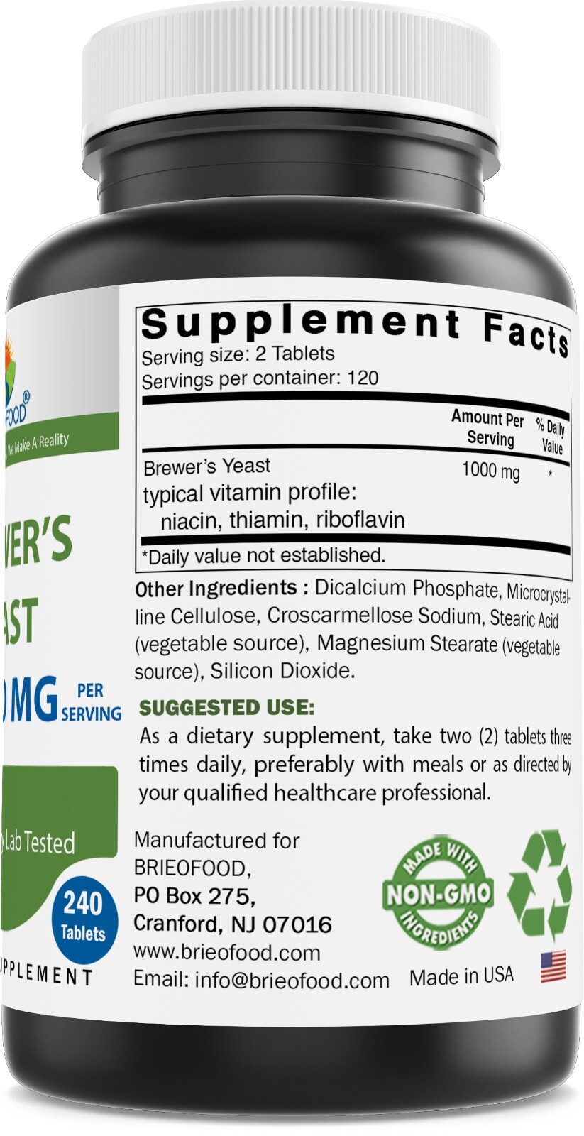 Brieofood Brewers Yeast 1000 mg per Serving – 240 Tablets – 3rd Party Lab Tested