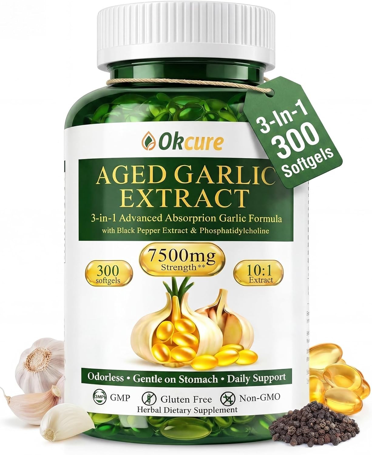 Aged Garlic Extract, 300 Softgels Odorless Garlic Supplement, 3-in-1 (Black Pepp