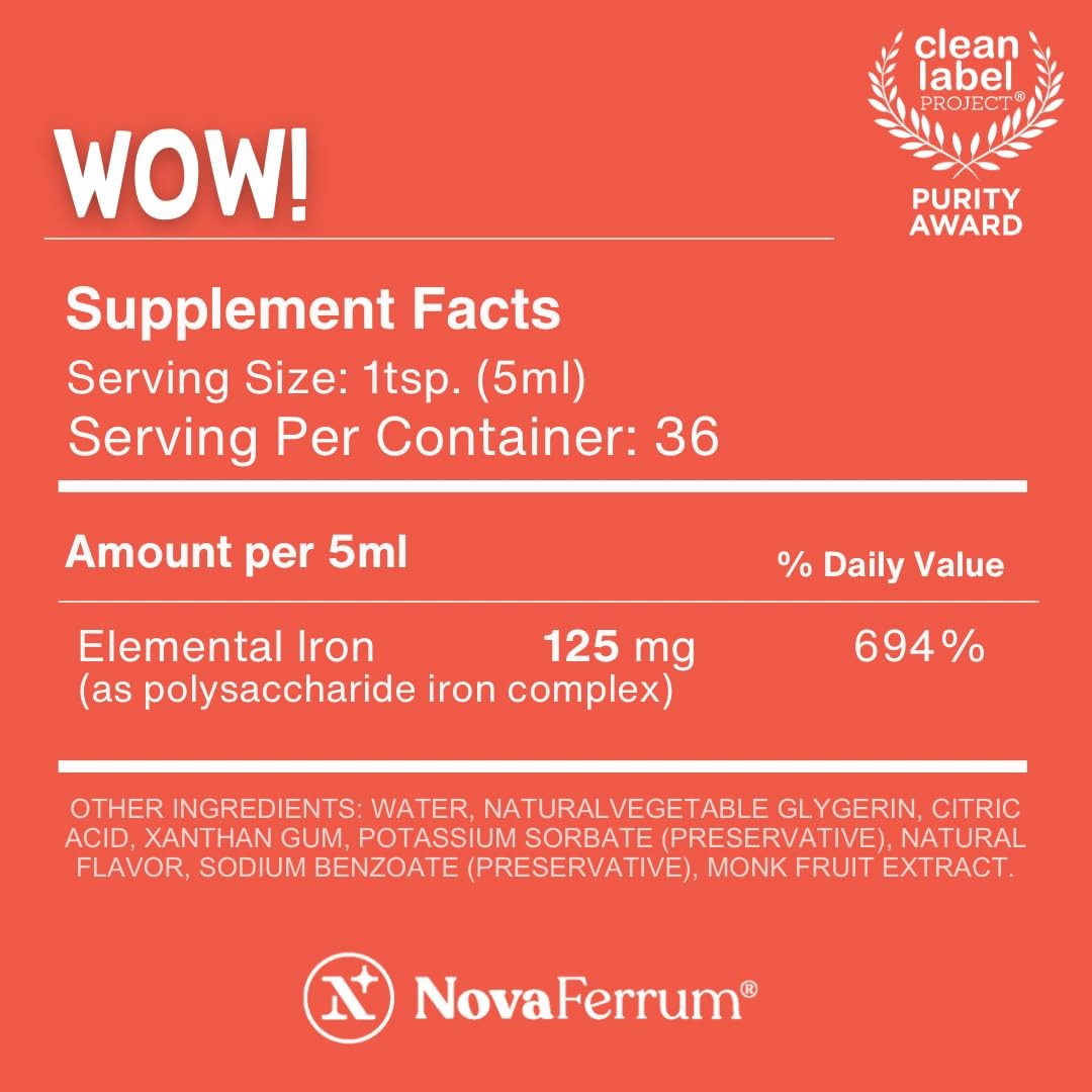 High Potency Liquid Iron Supplement for Adults, 125mg per 5mL Dose, Vegan,