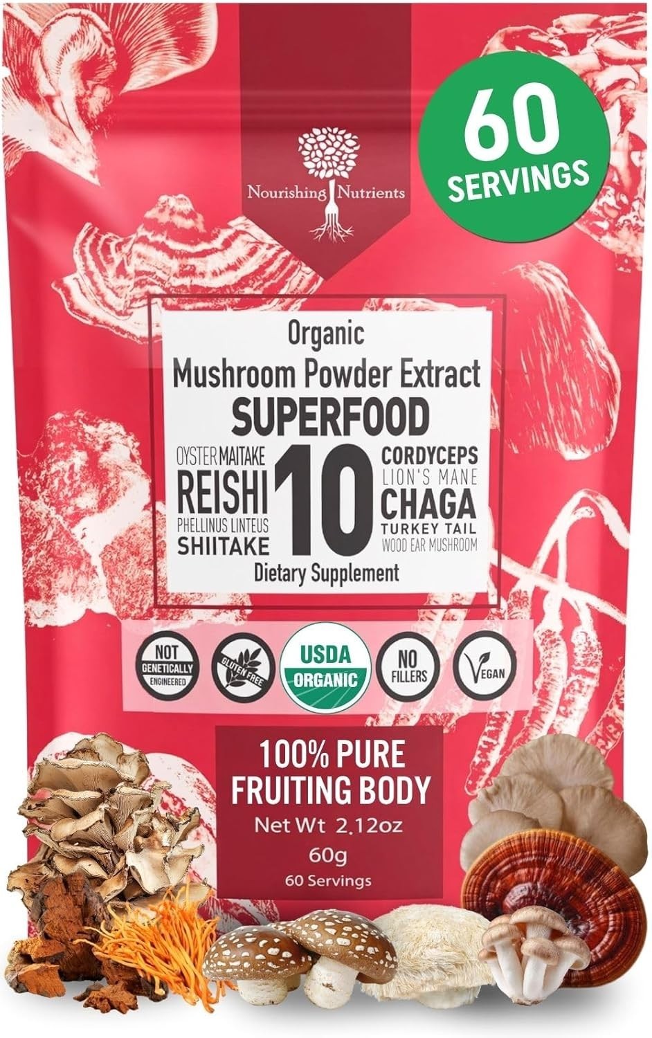 Organic 10 Mushroom Supplement Powder, Focus & Immune Support