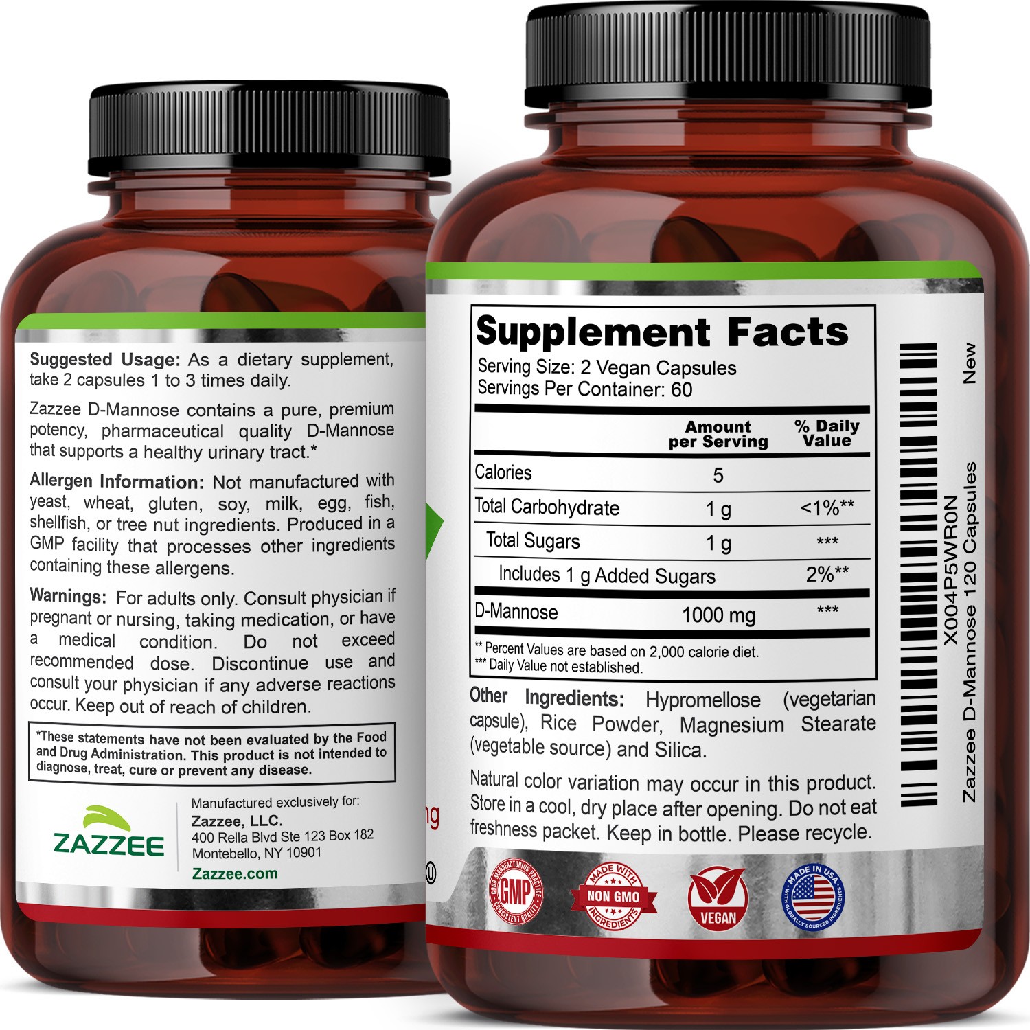 D-Mannose, 1000 mg per Serving, 120 Vegan Capsules, Kosher, UTI Support