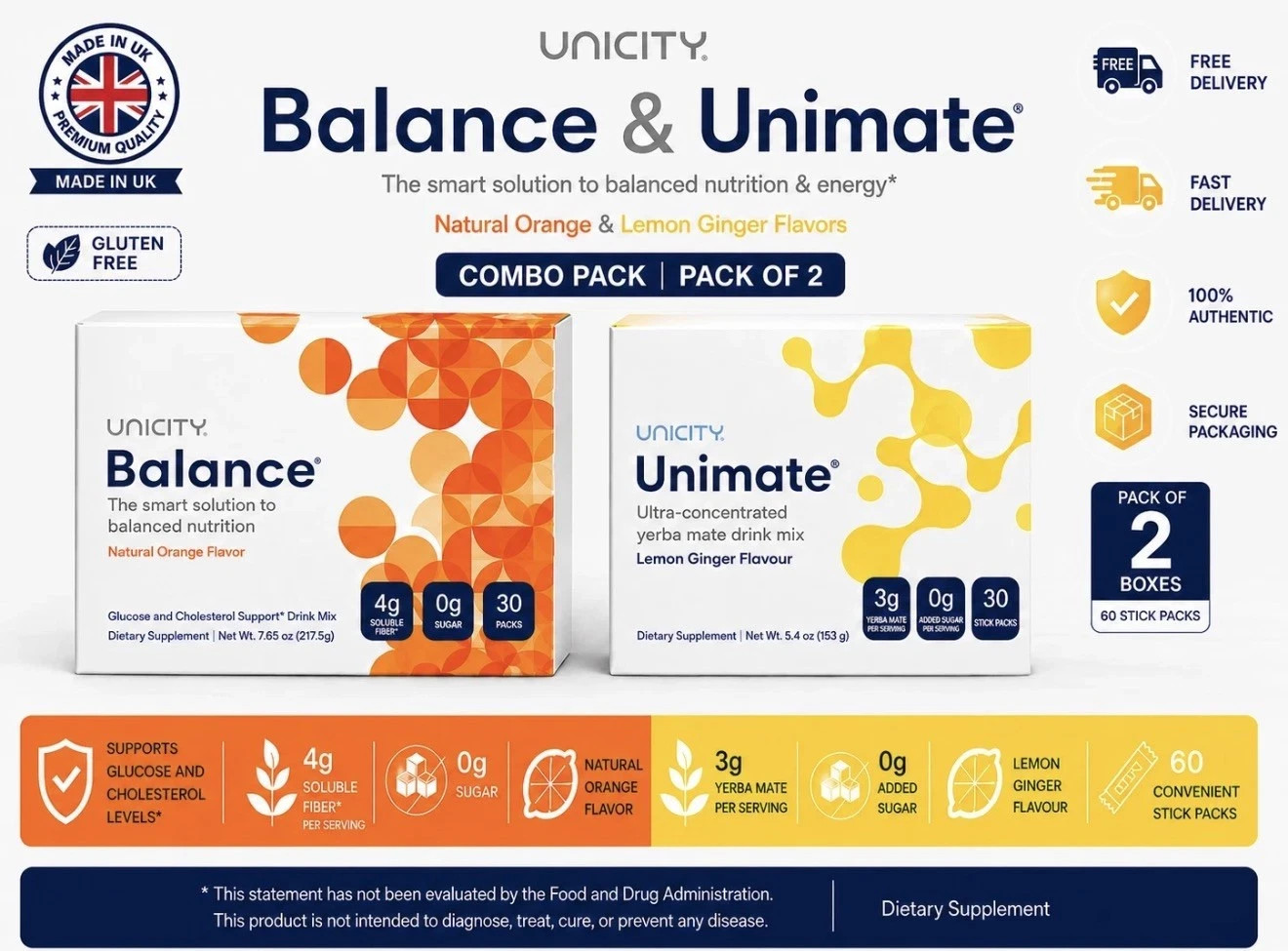 Unicity Unimate Lemon + Balance Natural Orange Combo Pack 30 Stick Packs Each