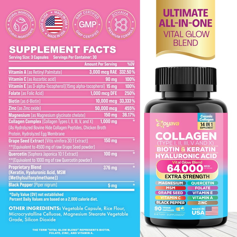 Zoyava Collagen Pills Peptides Types I, II, III, V & X 64,000 MCG Biotin 90 Caps