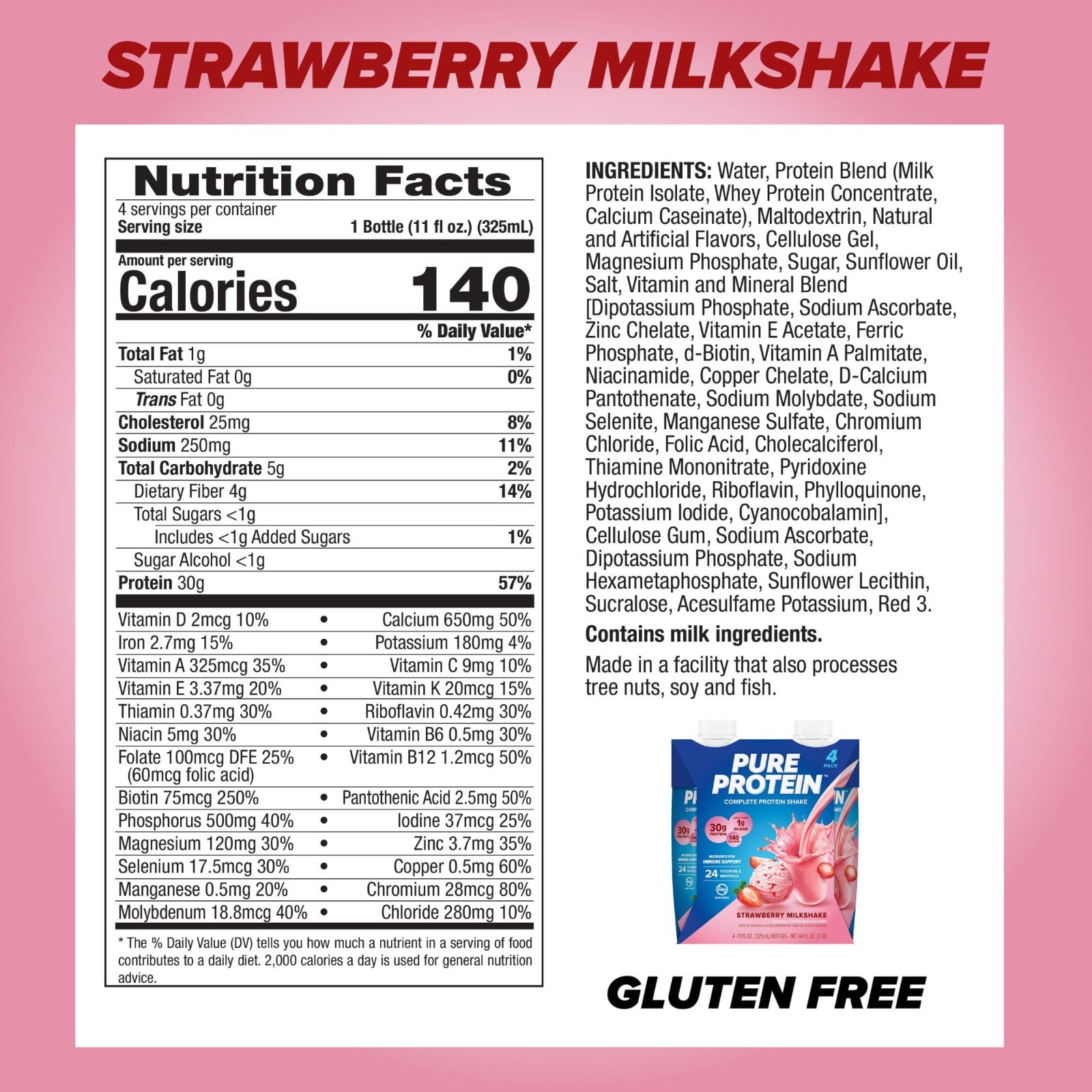 Pure Protein Shake, Strawberry Milkshake, 30g Protein, 11 fl oz, 4 Count.