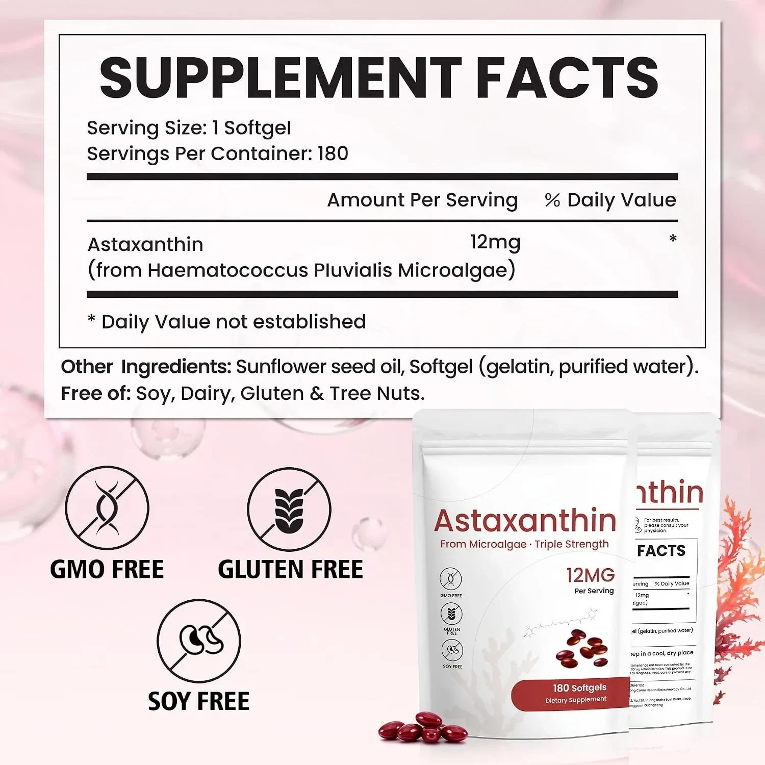 Astaxanthin 12mg Softgels 180 Count Natural Antioxidant Supplement 6 Month