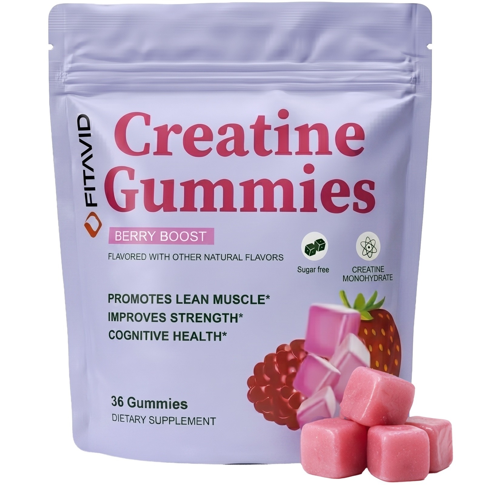FITAVID Creatine Monohydrate Gummies 5g Per Serving 36 Count Mixed Berry