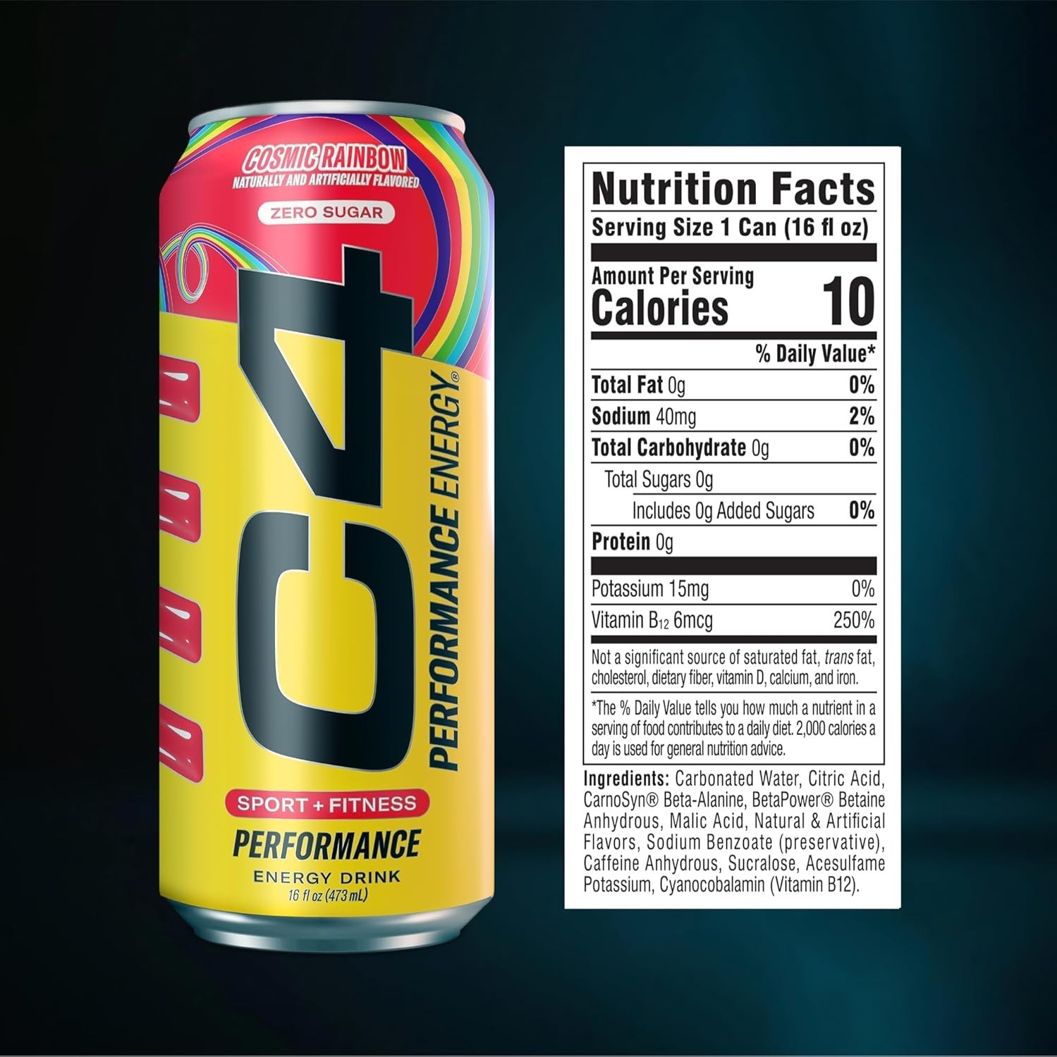 Performance Energy Drink Cosmic Rainbow, Zero Sugar Carbonated Preworkout Ene…