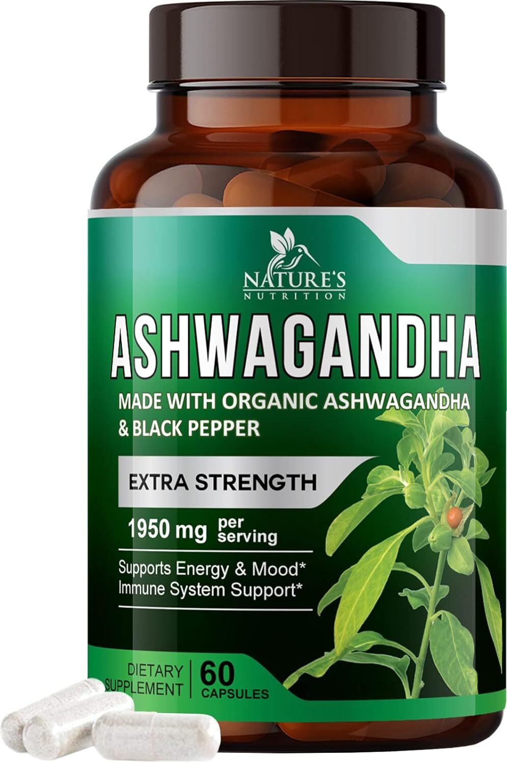 Organic Ashwagandha Capsules 2100mg Supplement w/ Black Pepper Root Powder
