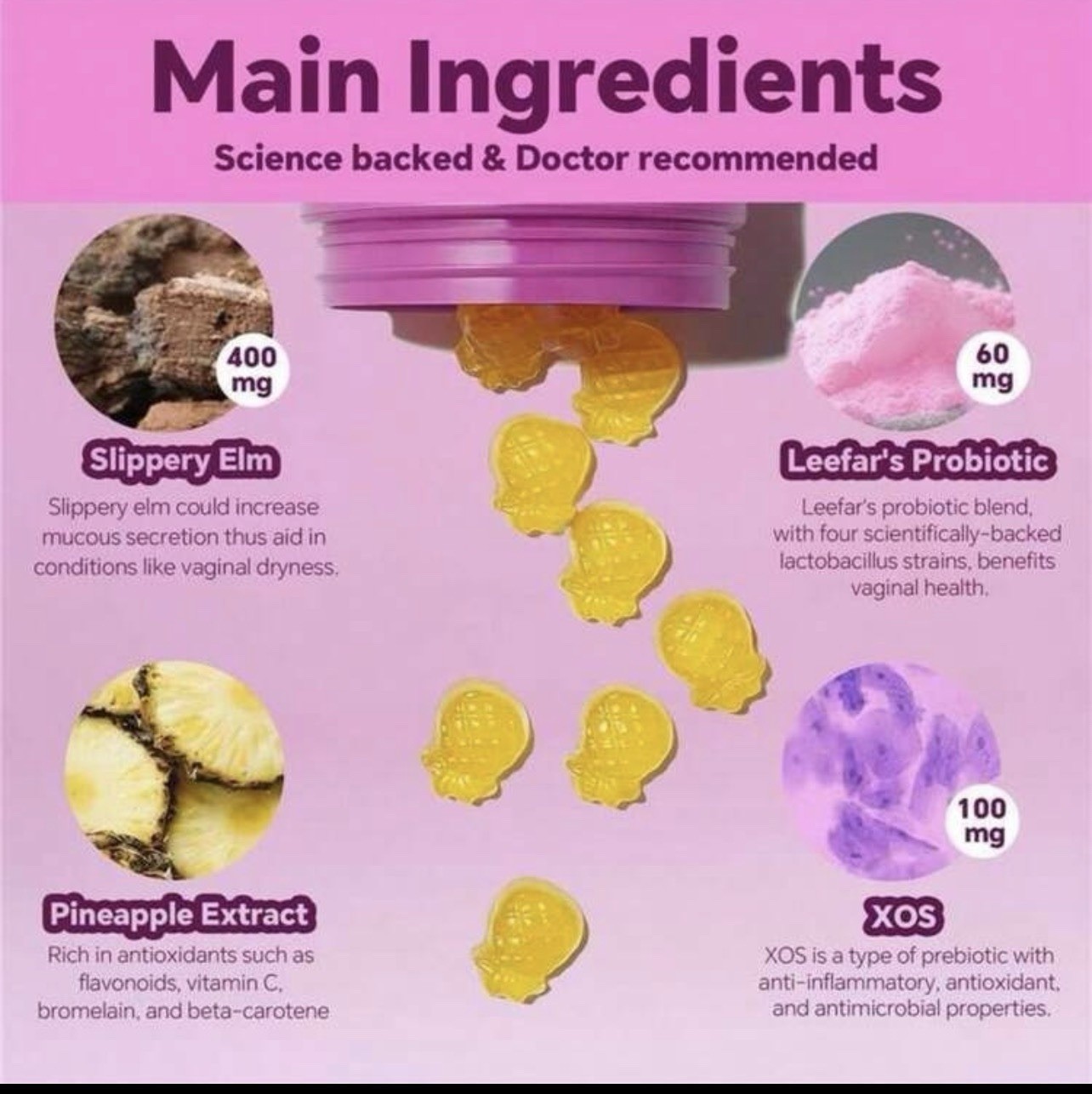 LEEFAR US Her Juicy Feminine Probiotics Gummies PH Balance Dryness Pineapple