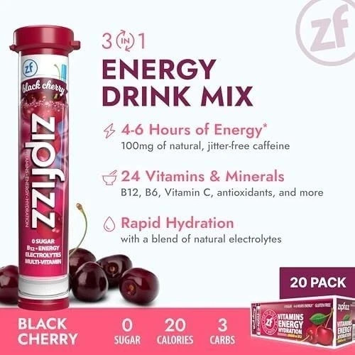 Zipfizz Daily Energy Drink Powder, Black Cherry, 20 Pack 3-in-1 Sustained Energ