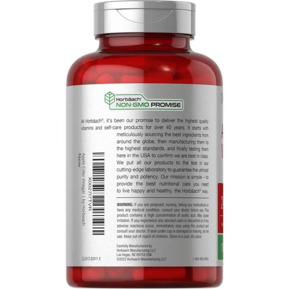 Non-GMO Horbäach Apple Cider Vinegar 2400mg Supplement 150 Capsules Gluten NEW