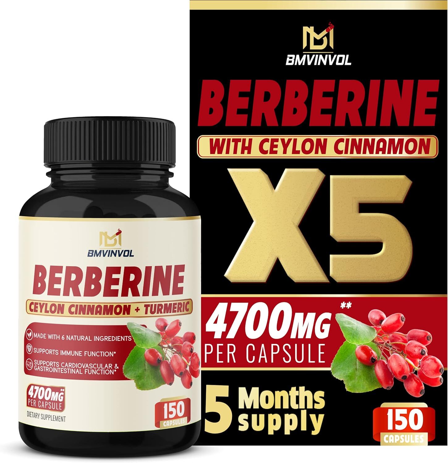 Berberine Capsules 150 Count Dietary Supplement With Ceylon Cinnamon Turmeric