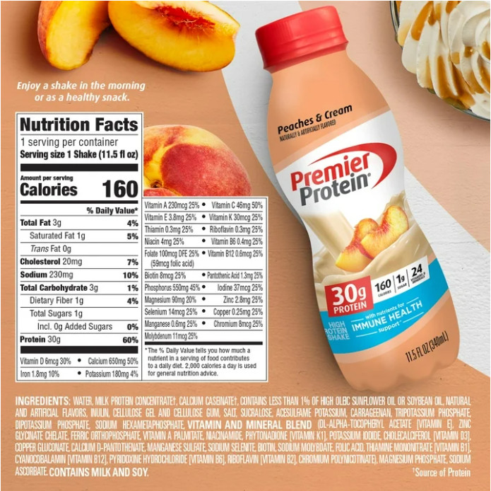 Premier Protein Shake, Peaches & Cream, 30g Protein, 12 Ct