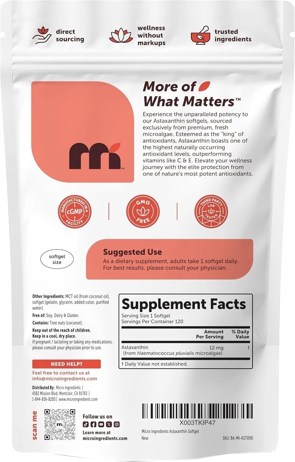 Astaxanthin 12mg + MCT Oil, 120 Softgels – Non-GMO Supplement