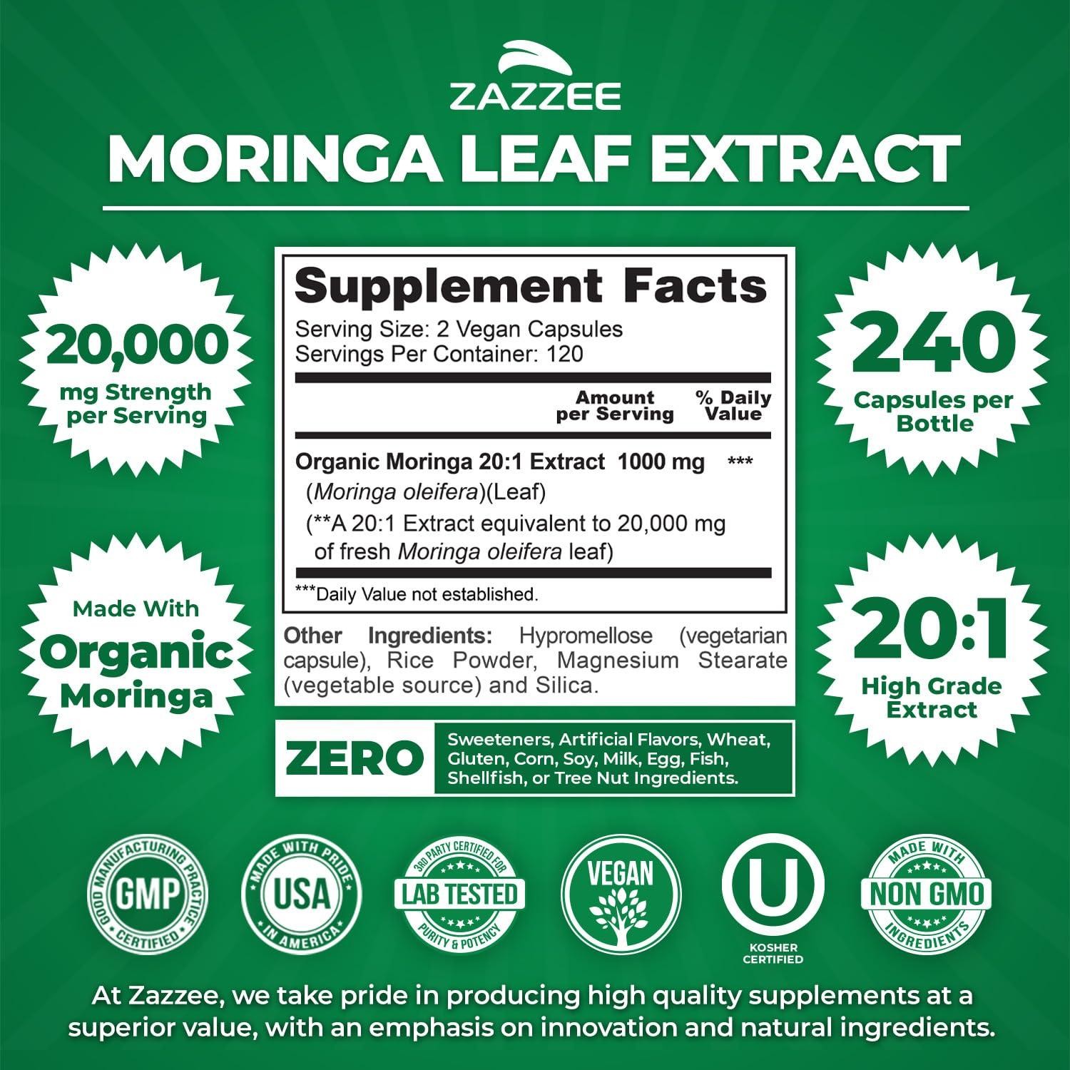 Organic Moringa 20:1 Extract, 240 Vegan Capsules, 20,000 mg Strength, 100% Pure