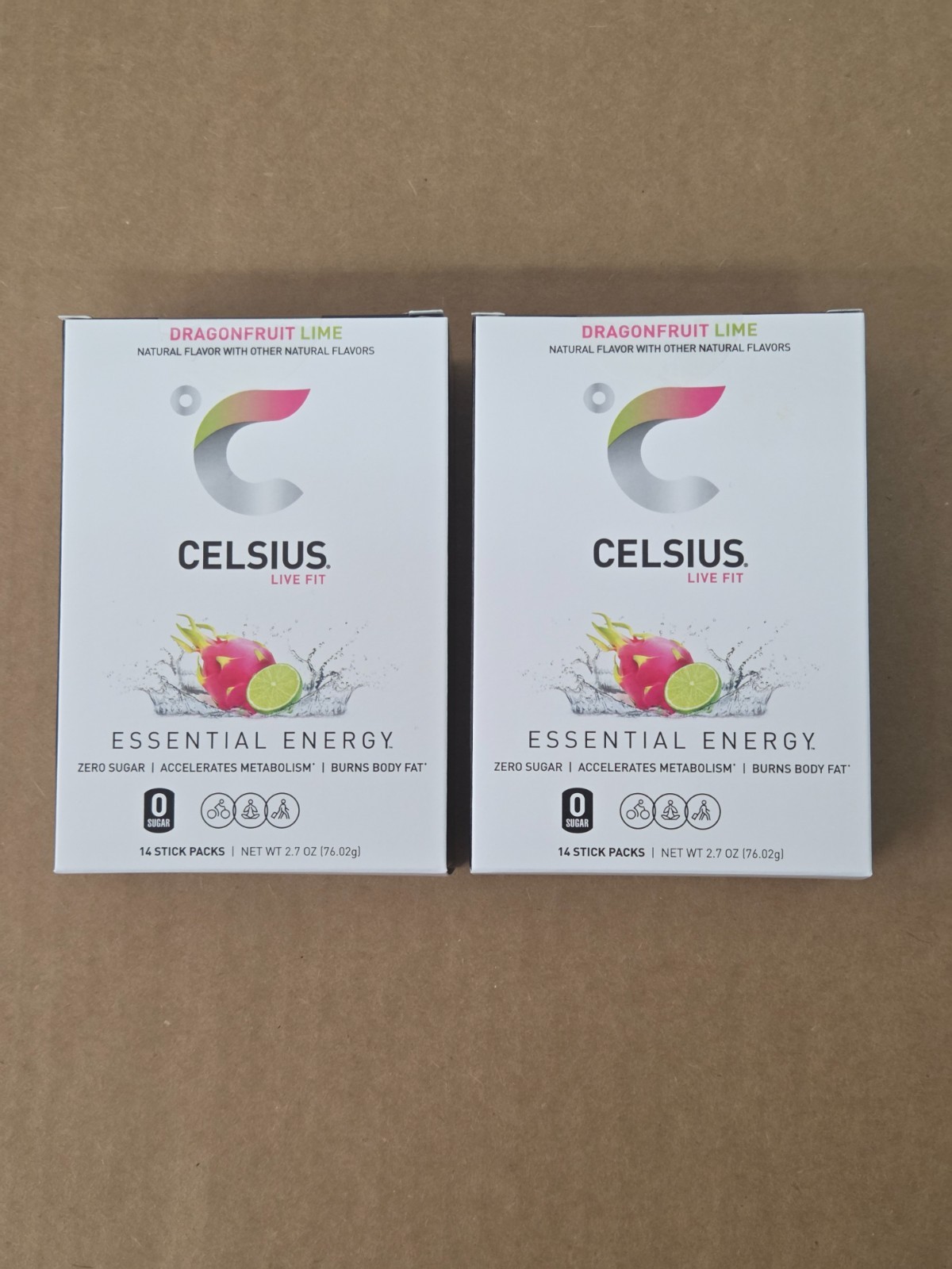 (2) Boxes of CELSIUS On-The-Go Powder Stick Energy Packs Dragonfruit Lime