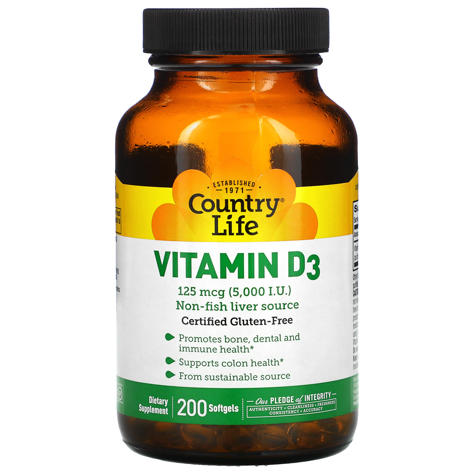 Country Life Vitamin D3 5 000 IU 200 Softgels Gluten-Free, GMP Quality Assured ,
