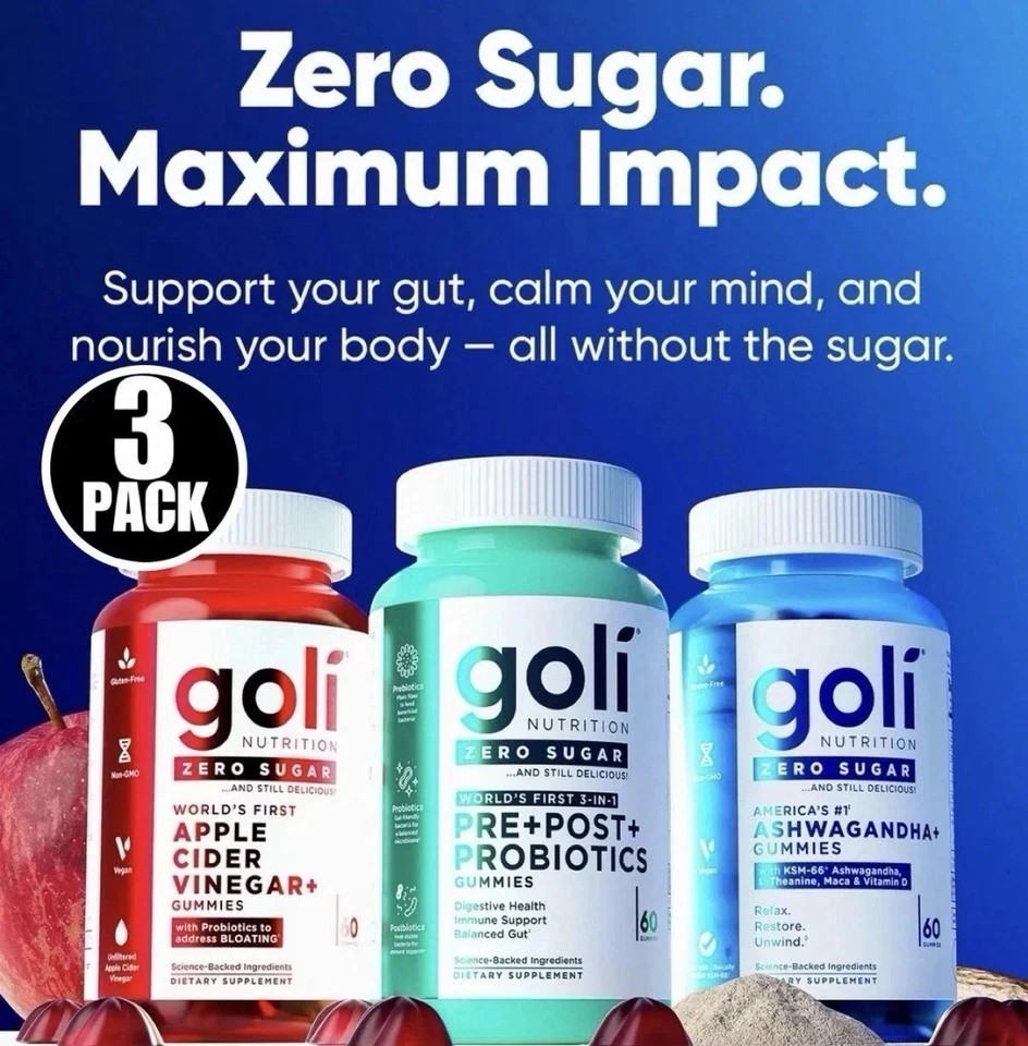 2 SETS- 3 Bottles Goli Zero Sugar Best Seller Trio Set Gummies 60Caps Per Bottle