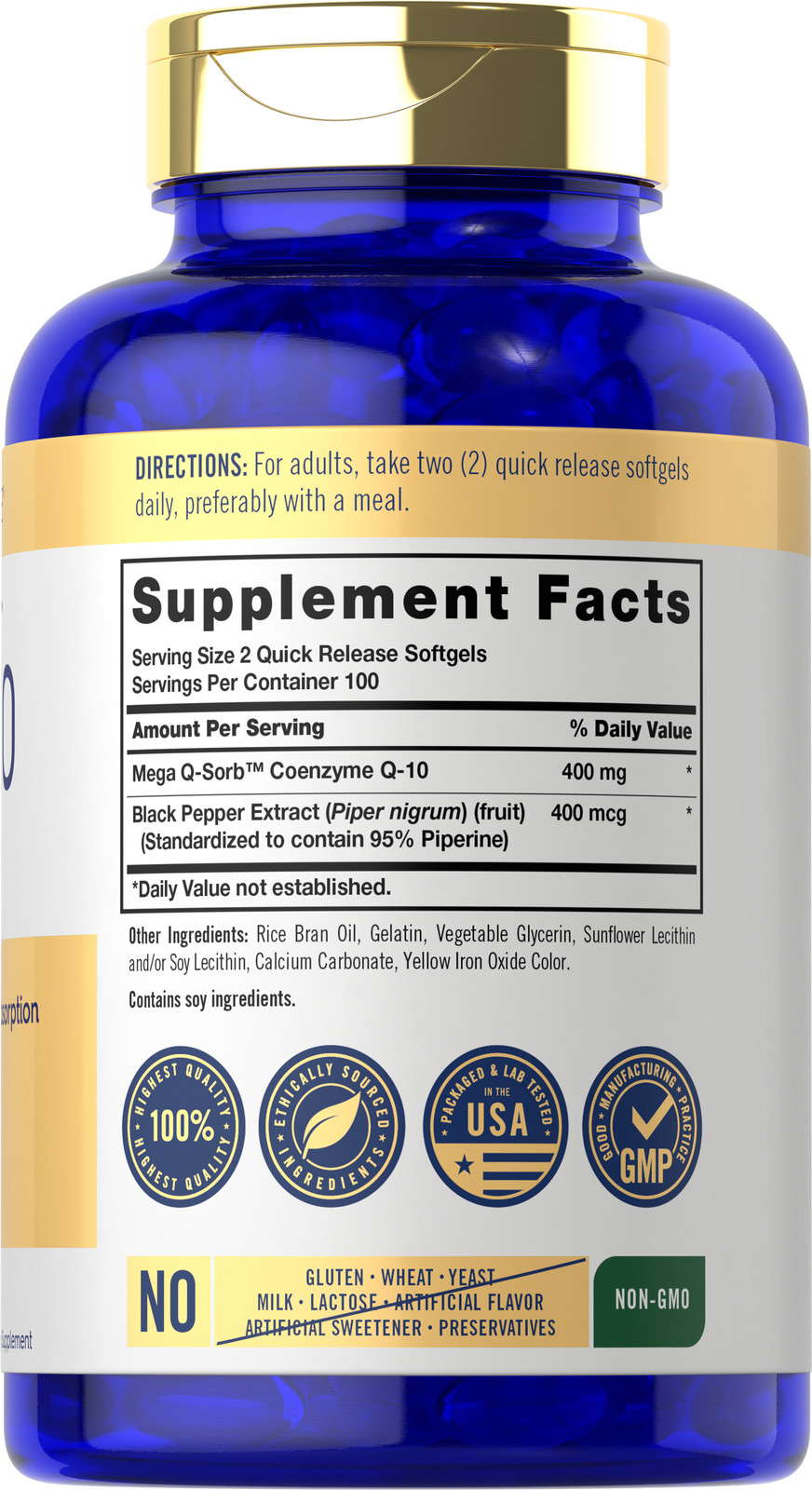 CoQ10 400mg | 200 Capsules | Non-GMO, Gluten Free | High Absorption | by Carlyle