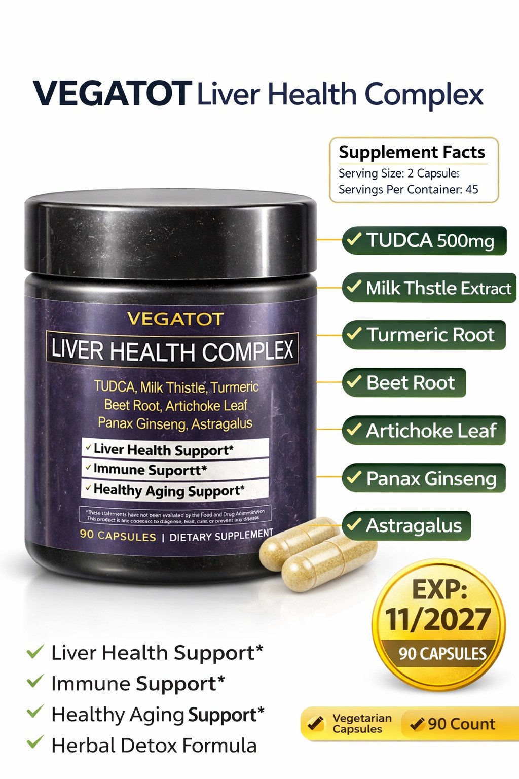VEGATOT Liver Health Complex – 90 Capsules – TUDCA & Herbal Extract Formula –