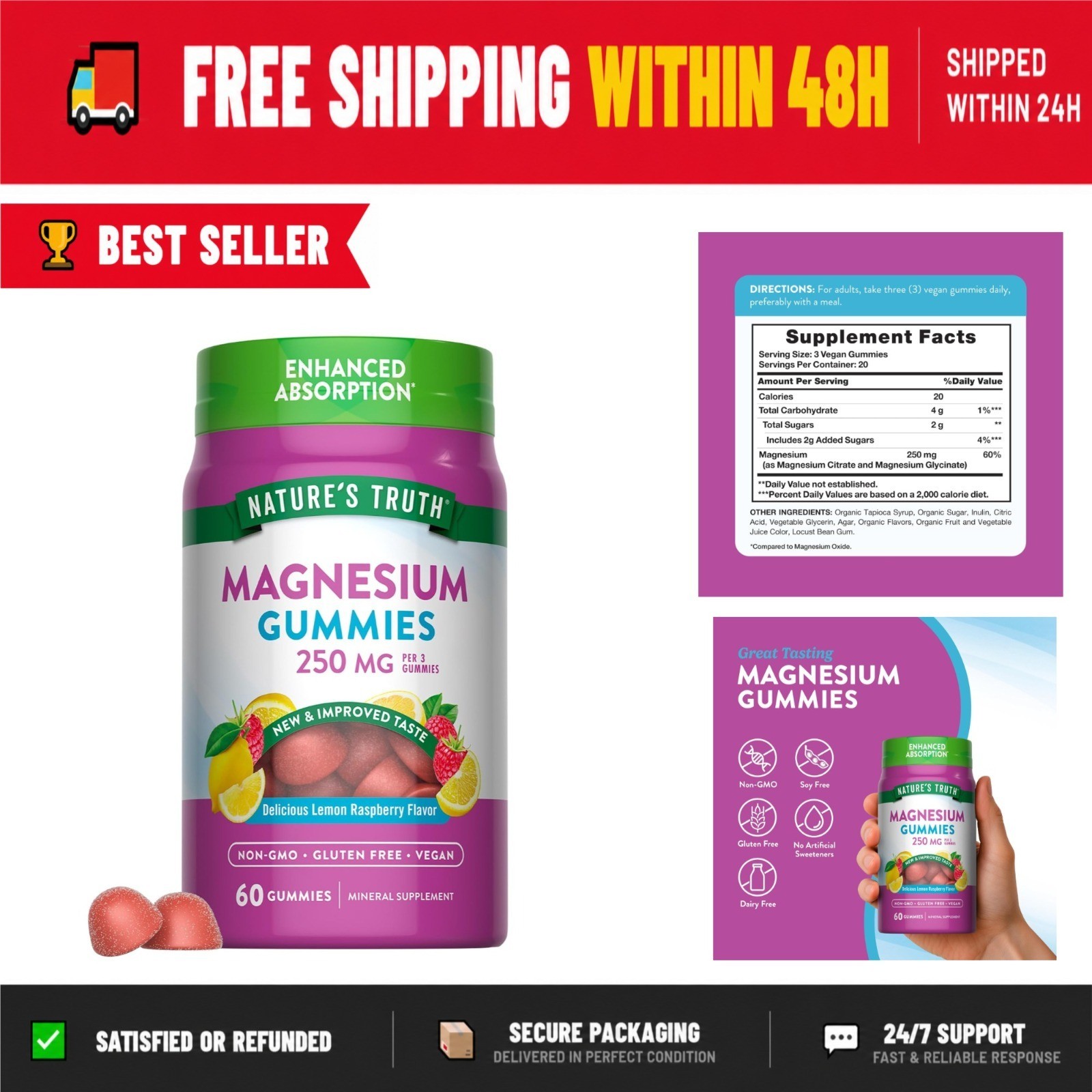Nature’s Truth Magnesium Gummies 250mg | Vegan, Non-GMO, 60 Count