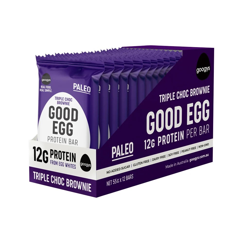 New Googys Good Egg Protein Bar Triple Choc Brownie 55g x 12 Bars