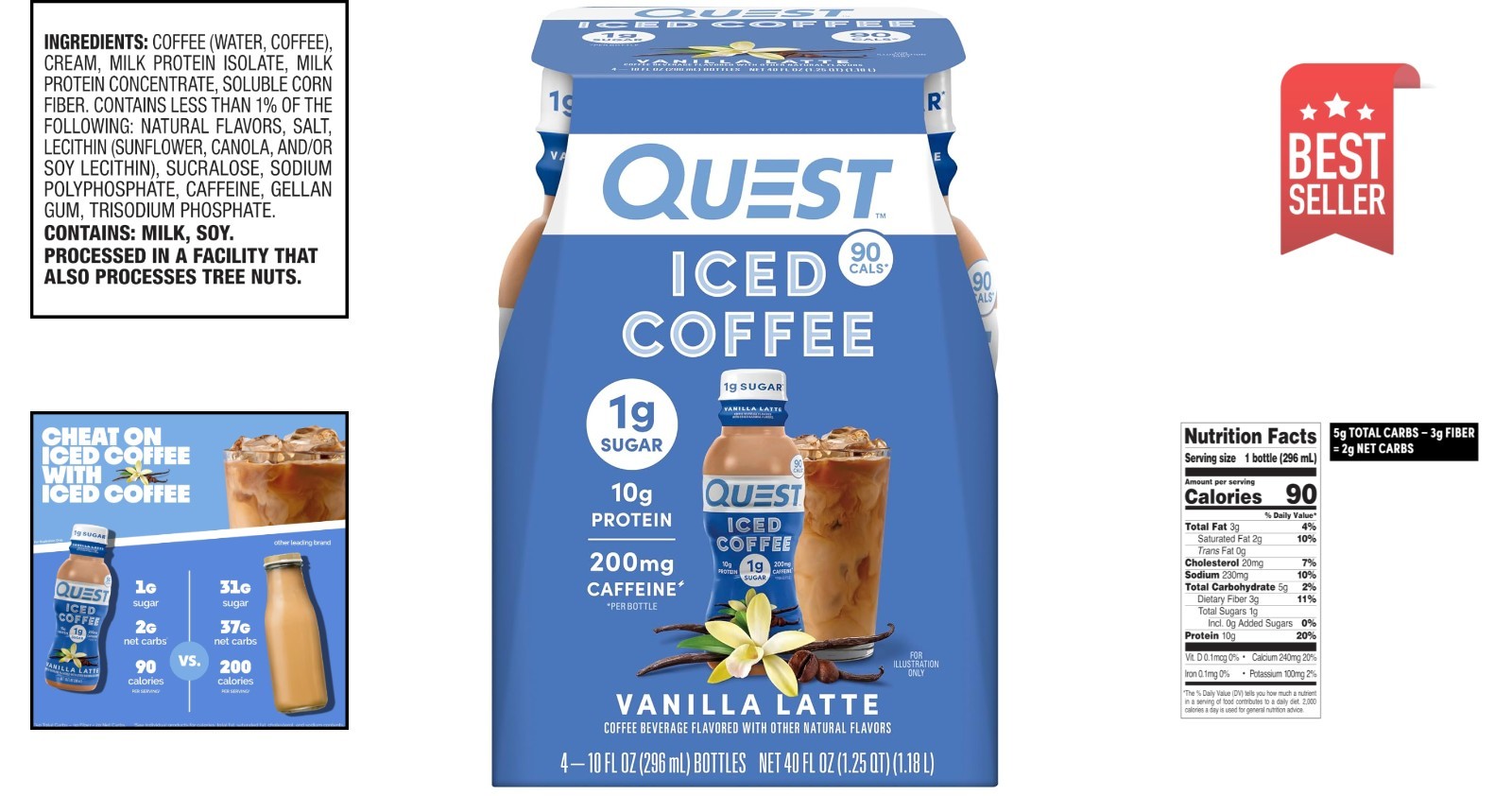 Delicious Vanilla Latte Iced Coffee – 4 Bottles, 200mg Caffeine, Slightly Sweet