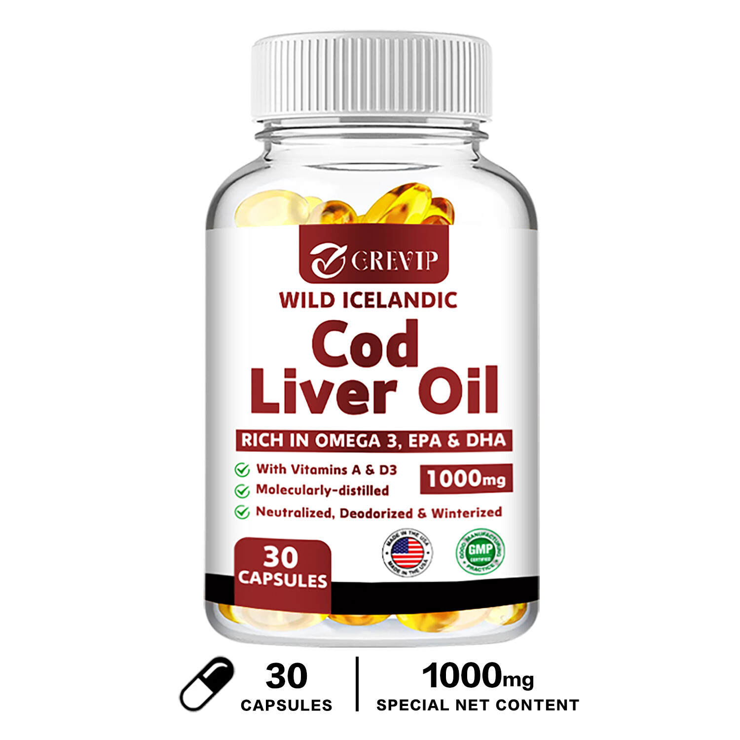 Wild Icelandic Cod Liver Oil Capsules 1000mg – Omega-3 EPA, DHA , Vitamin A & D3