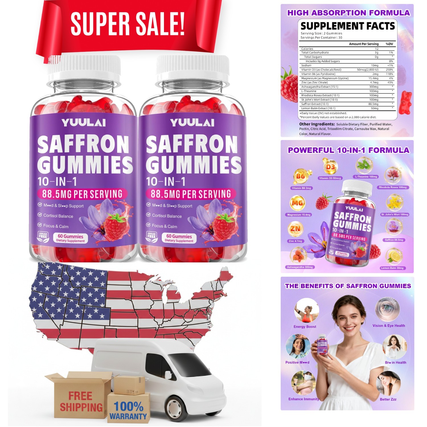 Pack of 2 Saffron Gummies, 10-in-1 Saffron Supplements for Kids & Adults with…