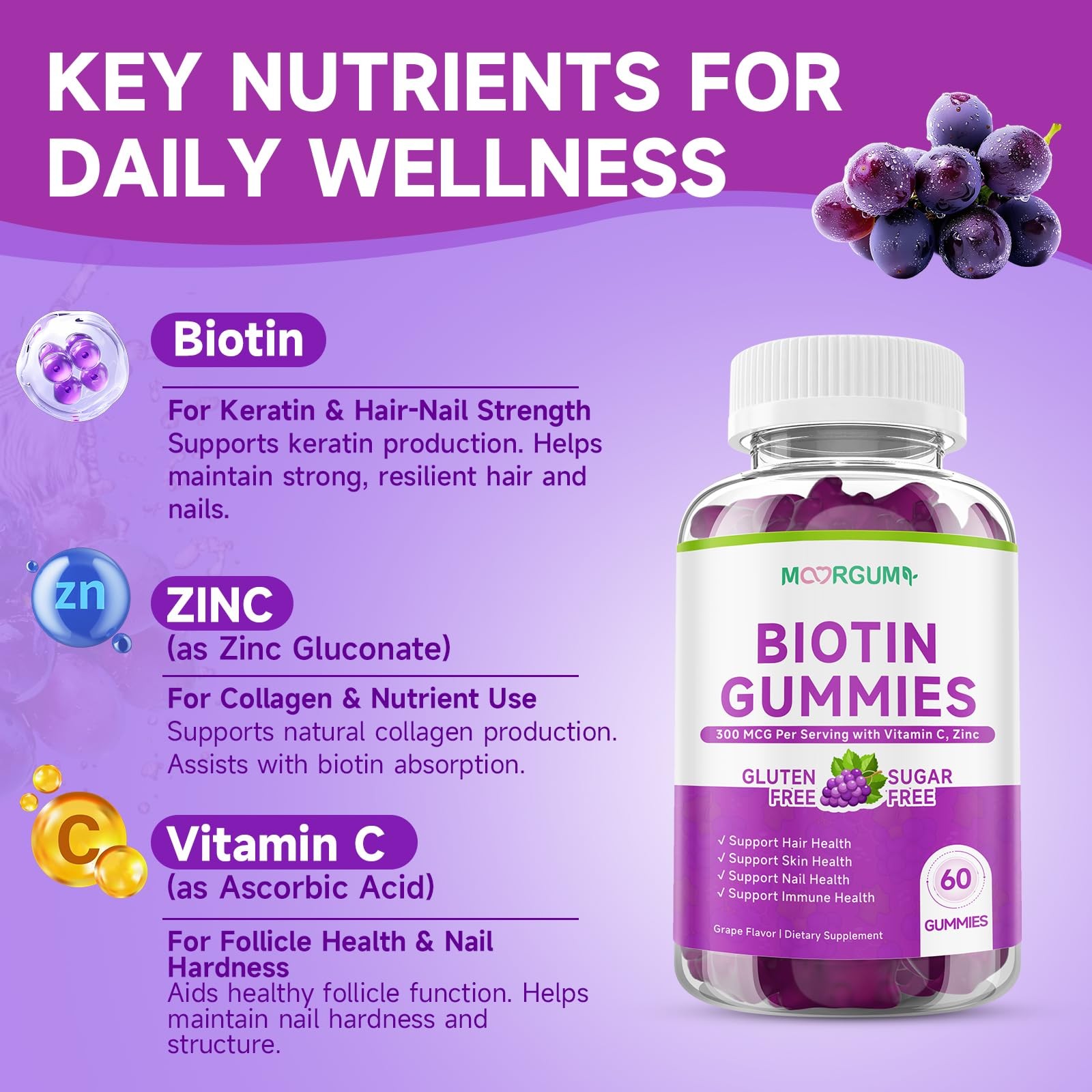 Sugar Free Biotin Hair, Skin & Nails Gummies, Supports 60 Count (Pack of 1)