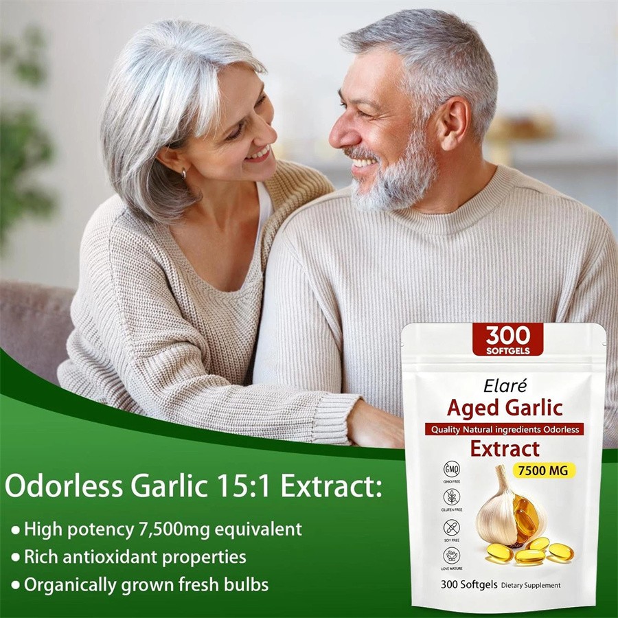 Elare Aged Garlic Extract, 300 Softgels, 7500mg Odorless Heart & Immune USA Hot