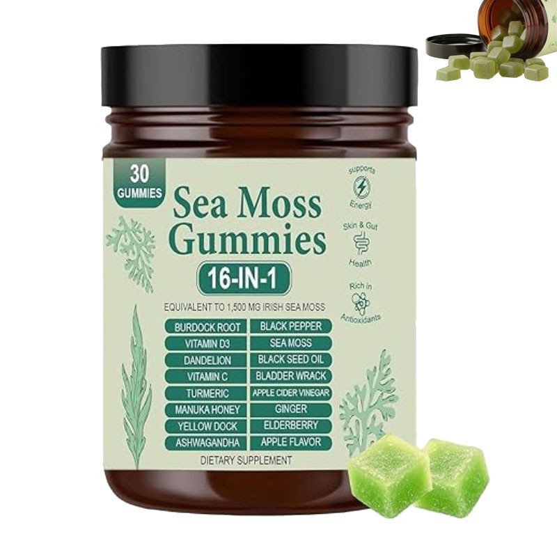 Premium 16 in 1 Organic Sea Moss Gummy | Irishmoss Extract 6000Mg | Green Apple