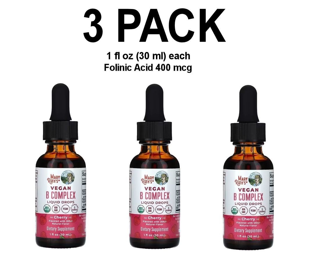 Folinic Acid 3 PACK, Vegan B Complex Liquid Drops, Cherry, 1 fl oz (30 ml) each
