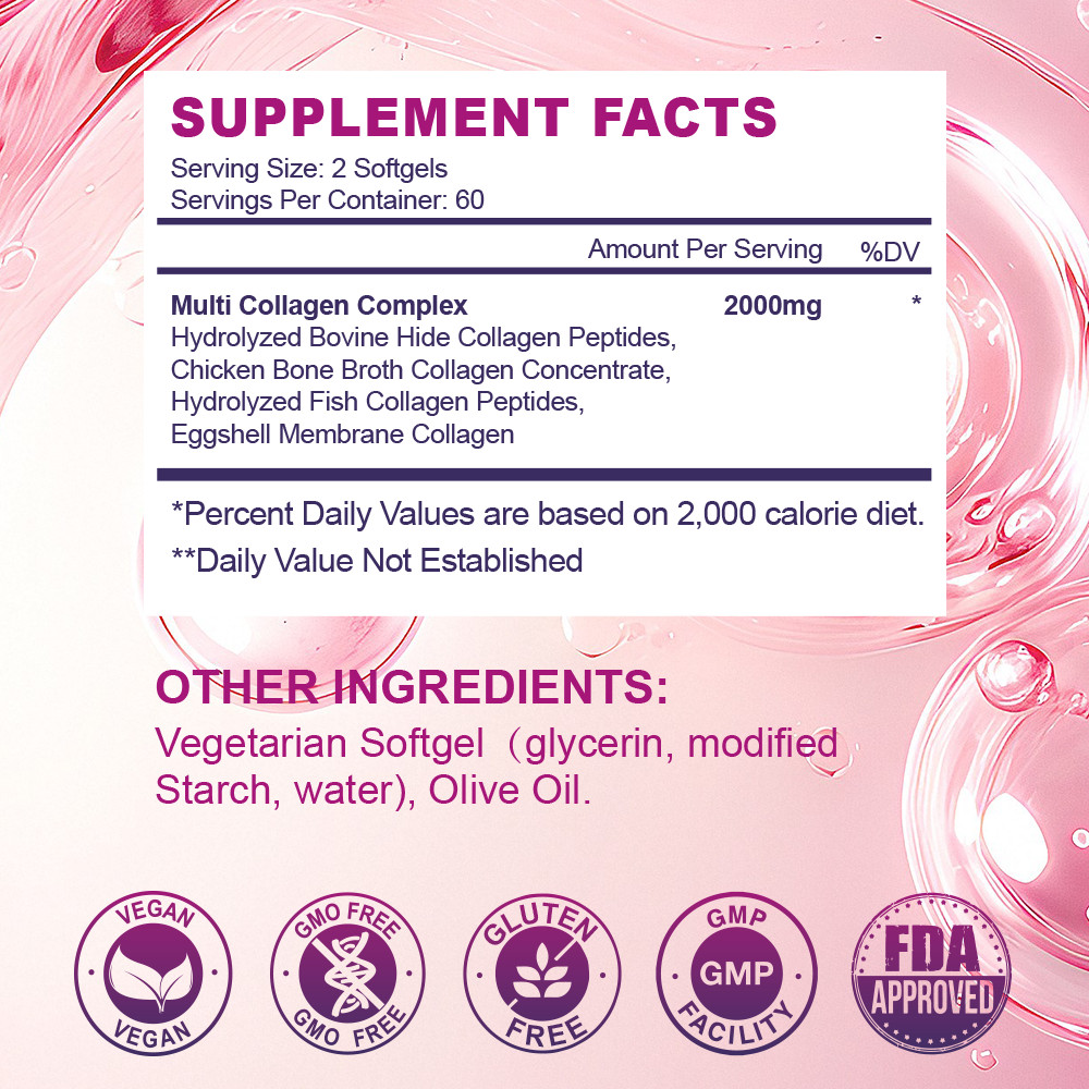 Collagen Peptides Pills 2000mg Hydrolyzed Anti Aging Capsules Types I,II,III,V,X