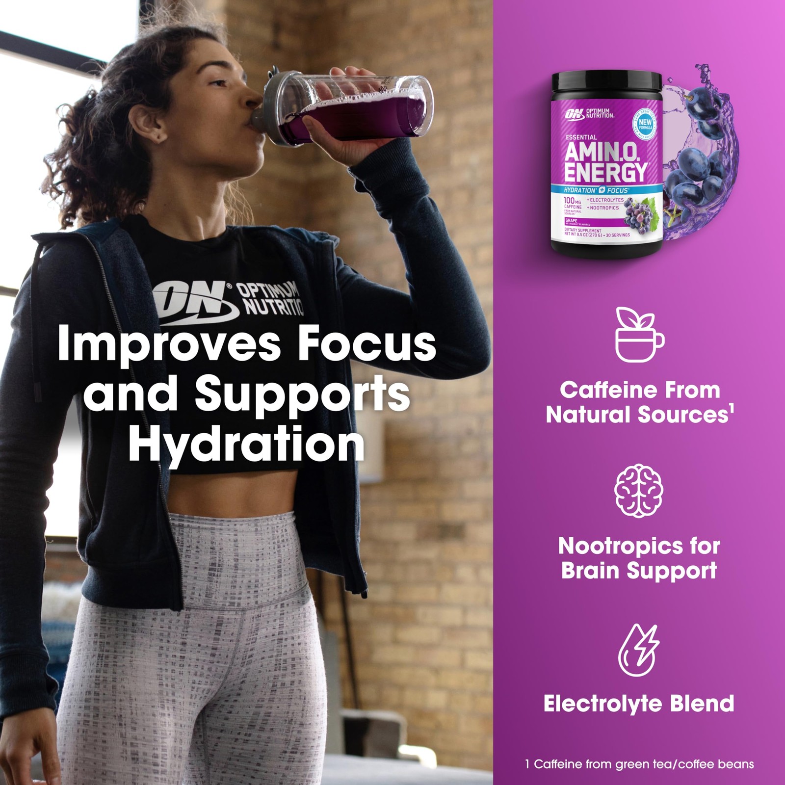 Optimum Nutrition Amino Energy Powder Plus Focus, with 9.5 Ounce (Pack of 1)