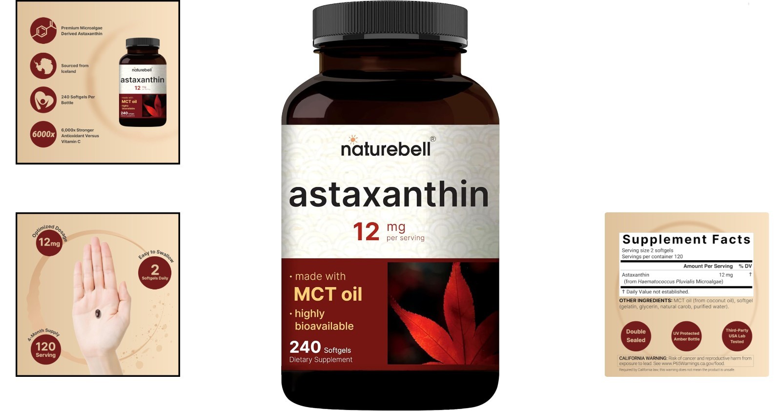 Natural Astaxanthin 12mg – 240 Softgels Infused with MCT Oil for Optimal Health