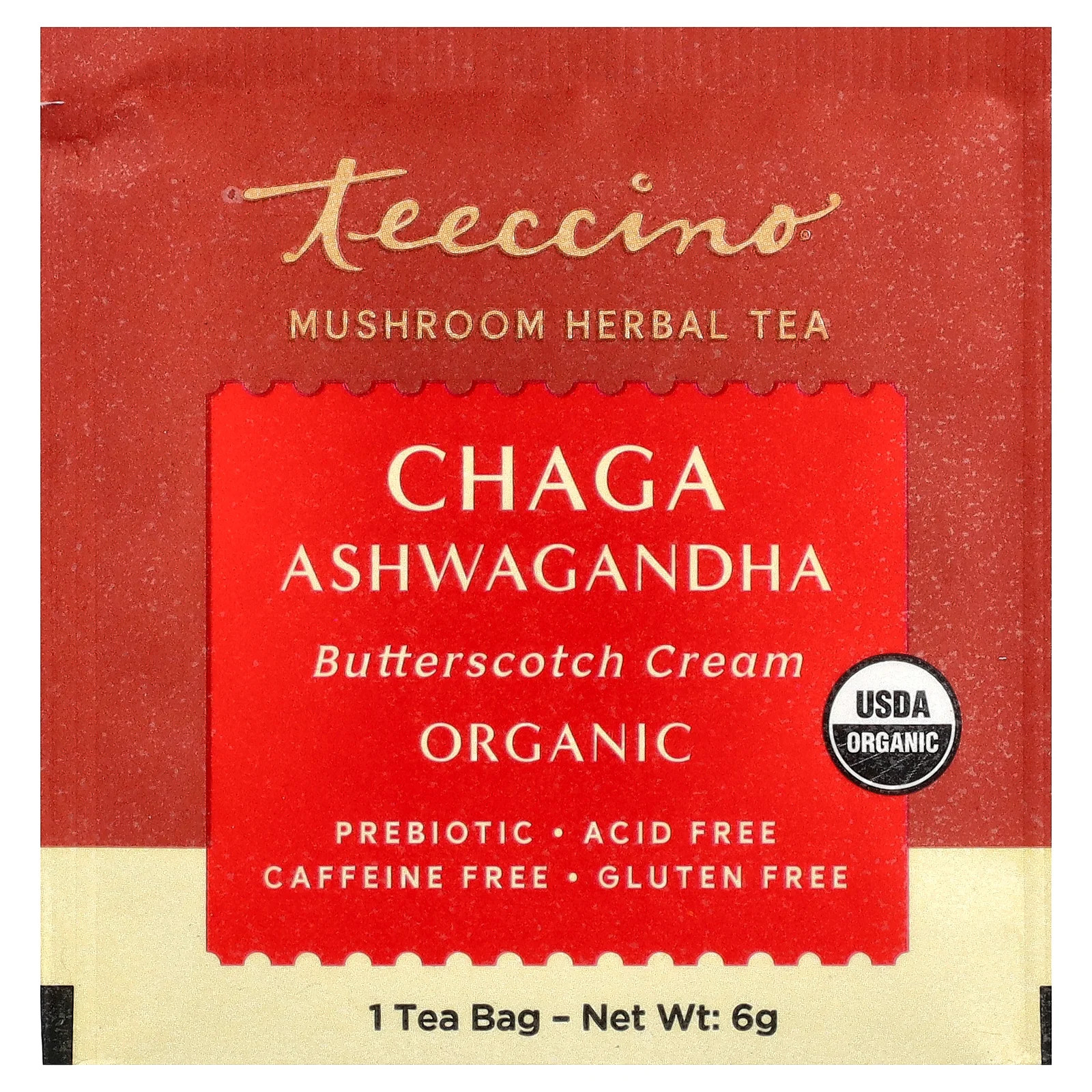 Organic Mushroom Herbal Tea, Chaga Ashwagandha, Butterscotch Cream, Caffeine