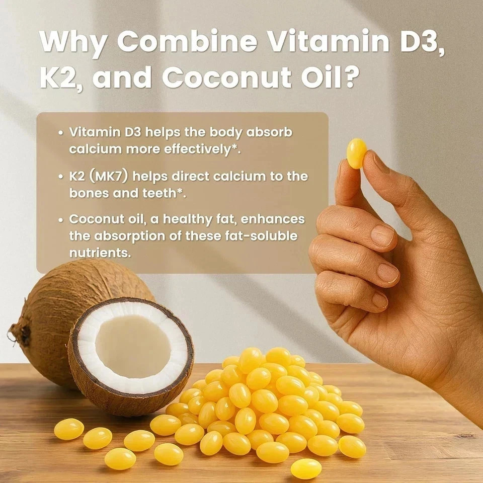 VEV Vitamin D3 Con K2 10000 IU, 300 Virgin Coconut Oil Softgels, 2 in 1 Vitamins