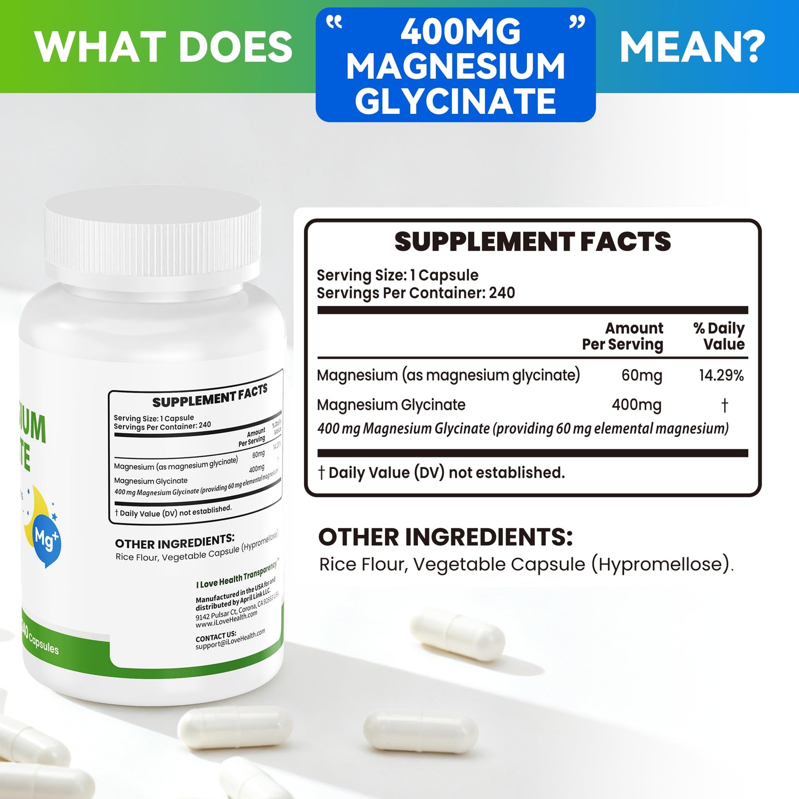 Magnesium Glycinate 400mg per Capsule – 240 Capsules – 240 Count (Pack of 1)