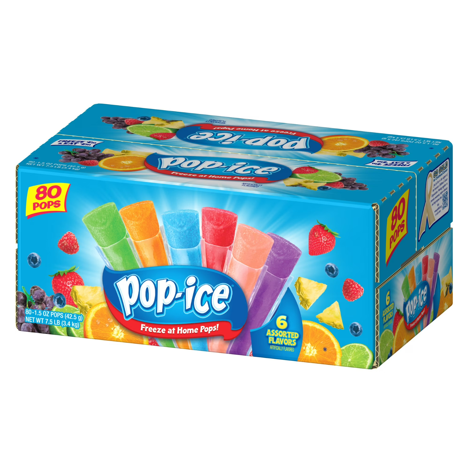Pop-Ice Assorted Fruit Freezer Ice Pops, Gluten-Free Frozen Snack, 1.5 oz, 80 Ct