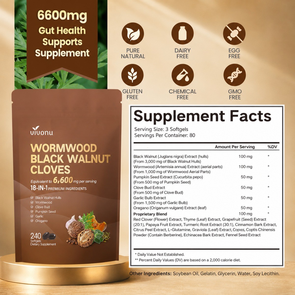 VIVONU Wormwood Black Walnut Capsules Energy Metabolism Support 240 Count