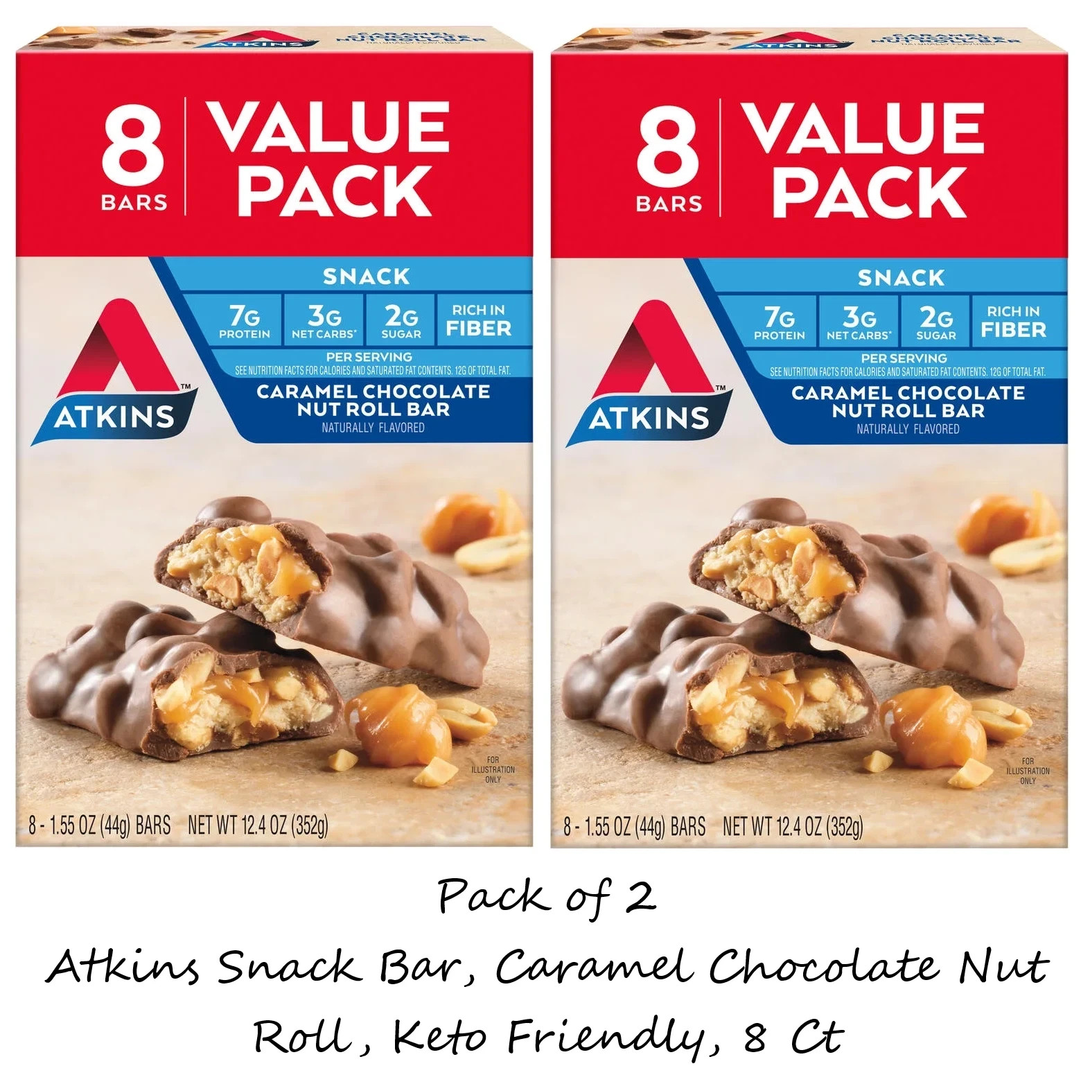 Atkins Snack Bar, Caramel Chocolate Nut Roll, Keto Friendly, 8 Ct (2 Packs)