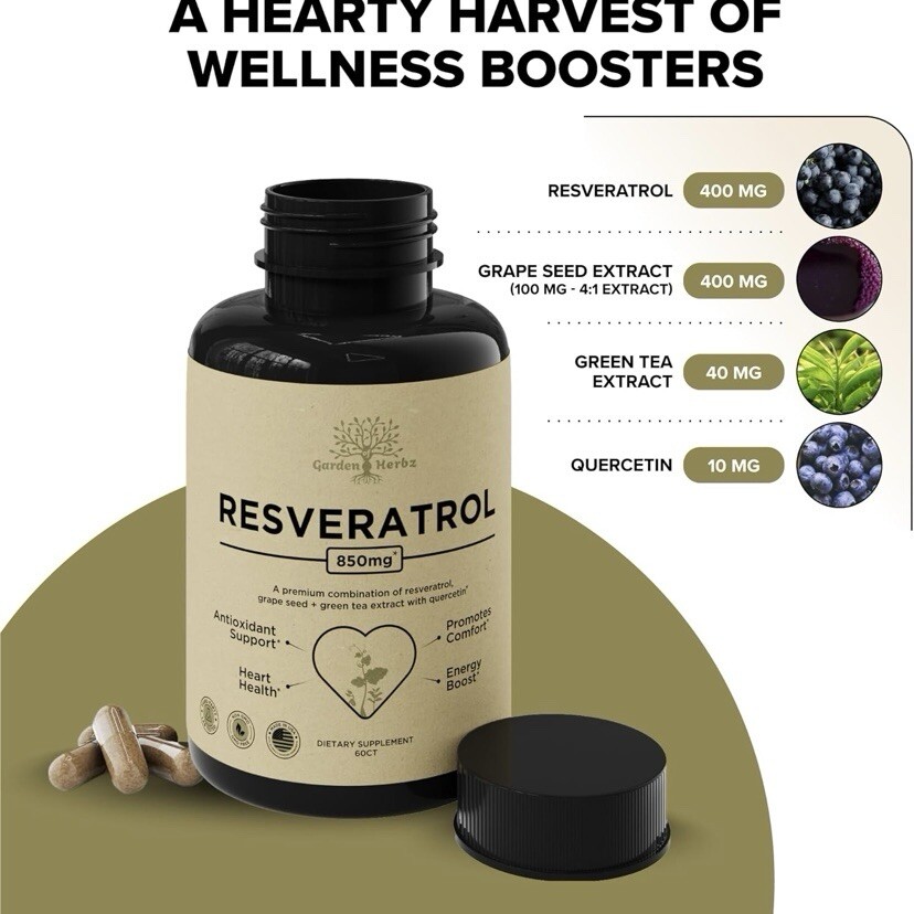 Resveratrol with Green Tea , Quercetin & Grape Seed | 850mg Herbal Blend | 60ct