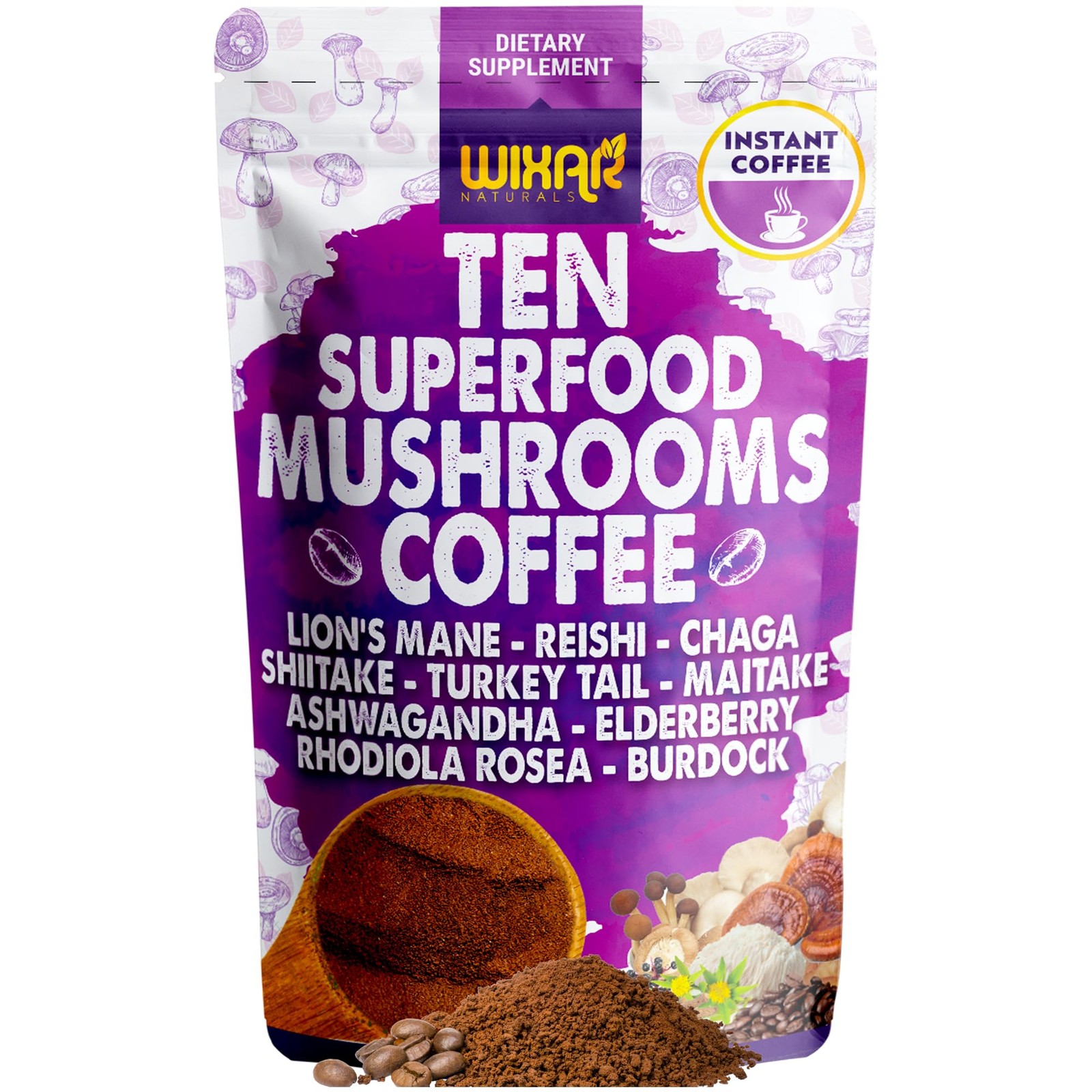WIXAR Superfood Mushroom Coffee – Instant Powder, 5 Ounce (Pack of 1)